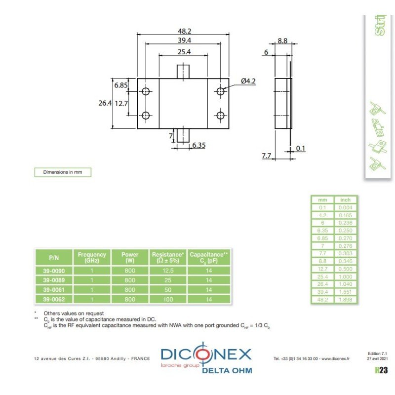 Dummy Load RF BeO Stripline Resistor BeO 800W 50Ohm DC-1000MHZ 39-0061 Diconex