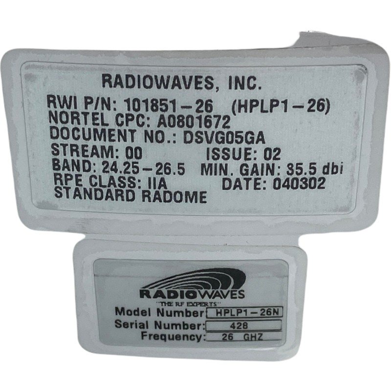 Radiowaves Inc / Nortel 101851-26 ODU Antenna 24.25-26.5Ghz 35.5dbi