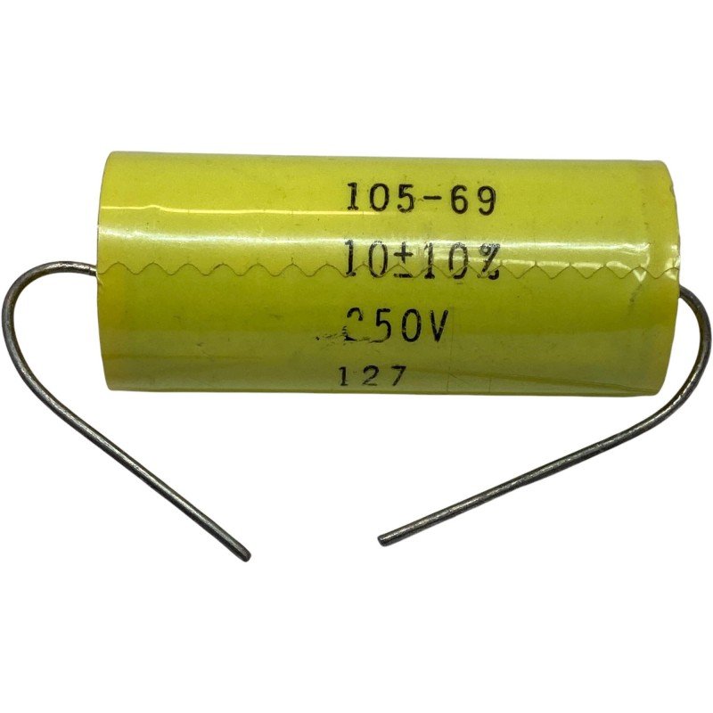 10UF 200V 10% AXIAL METALLIZED POLYESTER AUDIO CAPACITOR 105-69 45x20mm