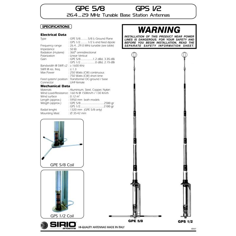 GPE5/8 GPE 5/8 SIRIO Tunable Base Station Antenna 5/8 λ 26.4-29Mhz 2100301.00