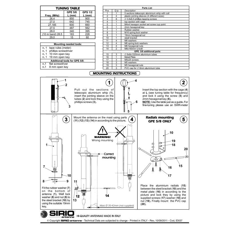 GPE5/8 GPE 5/8 SIRIO Tunable Base Station Antenna 5/8 λ 26.4-29Mhz 2100301.00