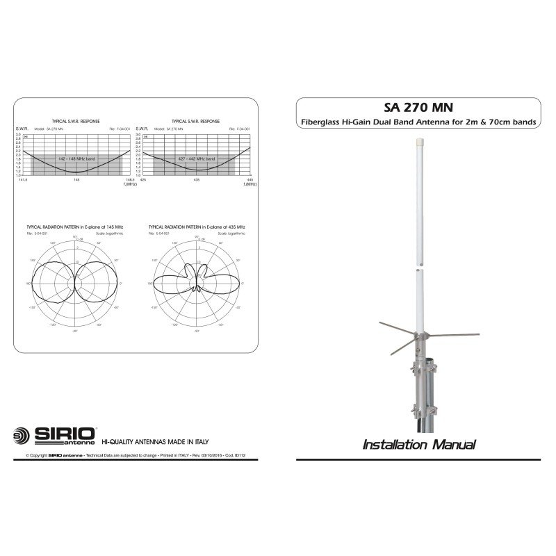 SA270MN SIRIO Dual-Band Fiberglass Hi Gain Base Station Antenna 2m And 70cm Bands 2103420.00