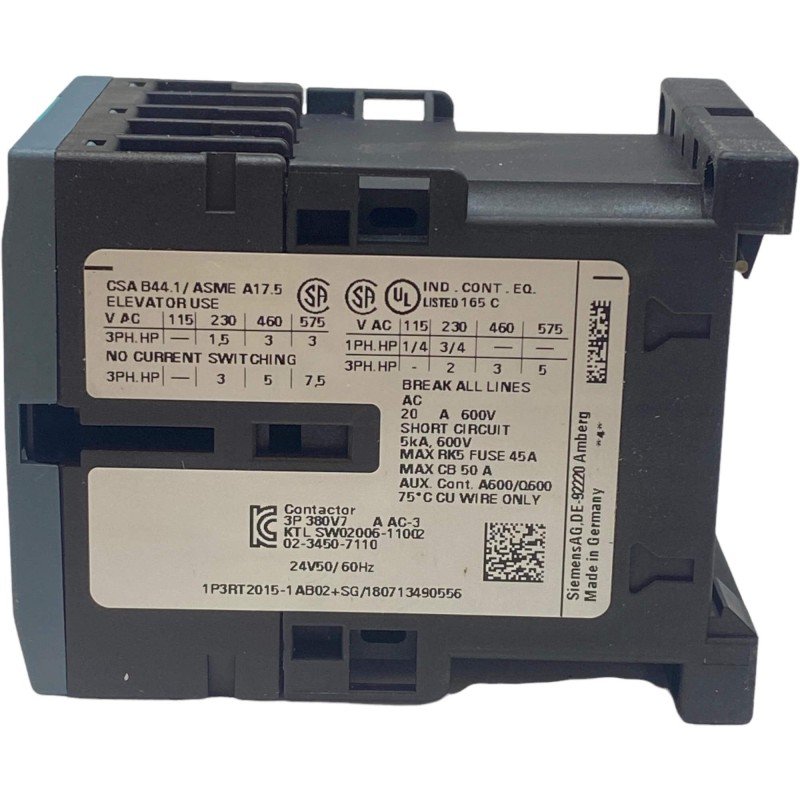 3RT2015-1AB02 Siemens Contactor 24Vac 50/60Hz 400V/7A