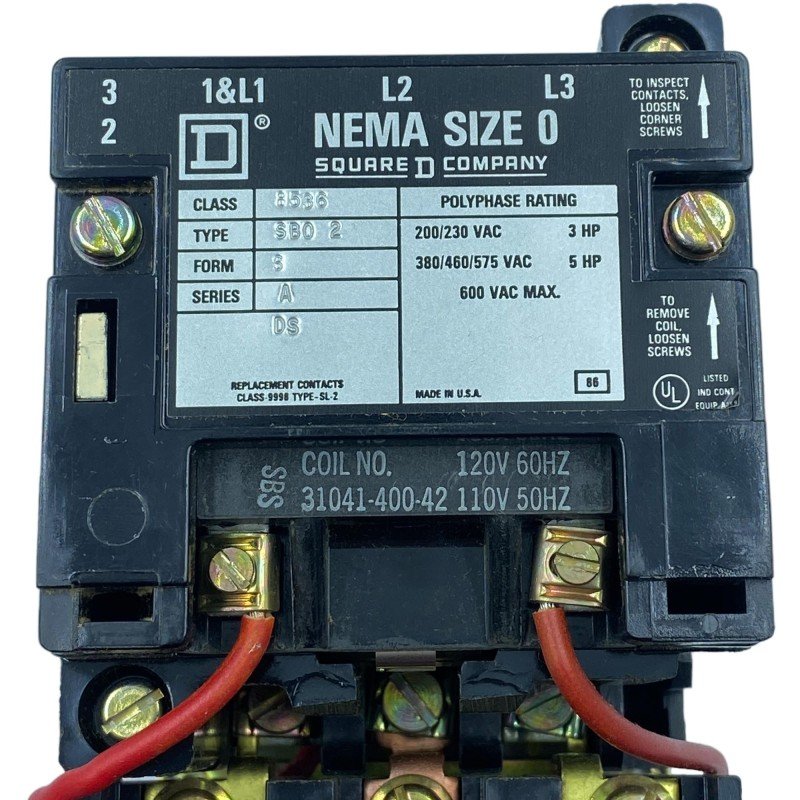8536 SBO-2 Square D Nema Size 0 AC Magnetic Contactor Motor Starter