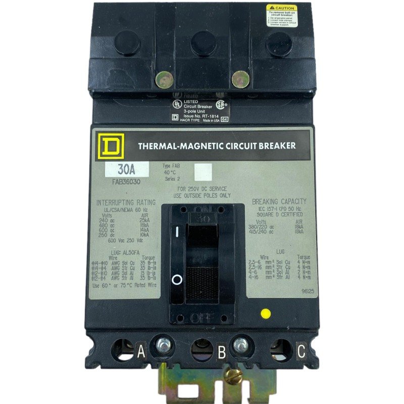 FAB36030 Square D Thermal Magnetic Circuit Breaker 600V 30A 5925-01-122-6602