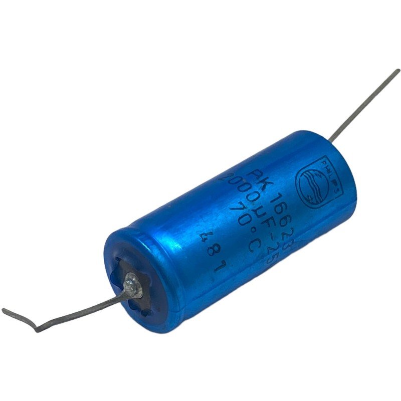 2000uF 25V Axial Electrolytic Capacitor PK16623 Philips 50x20mm