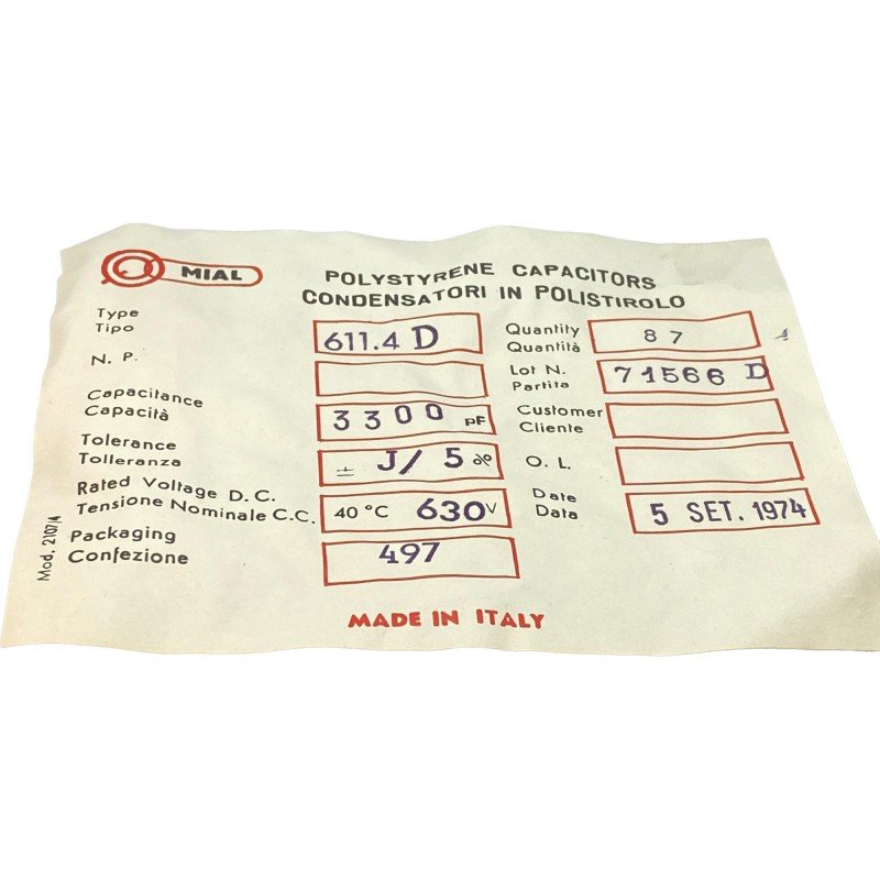 3.3nF 3300pF 630V 5% Axial Polystyrene Film Capacitor 611.4D Mial 19x8mm