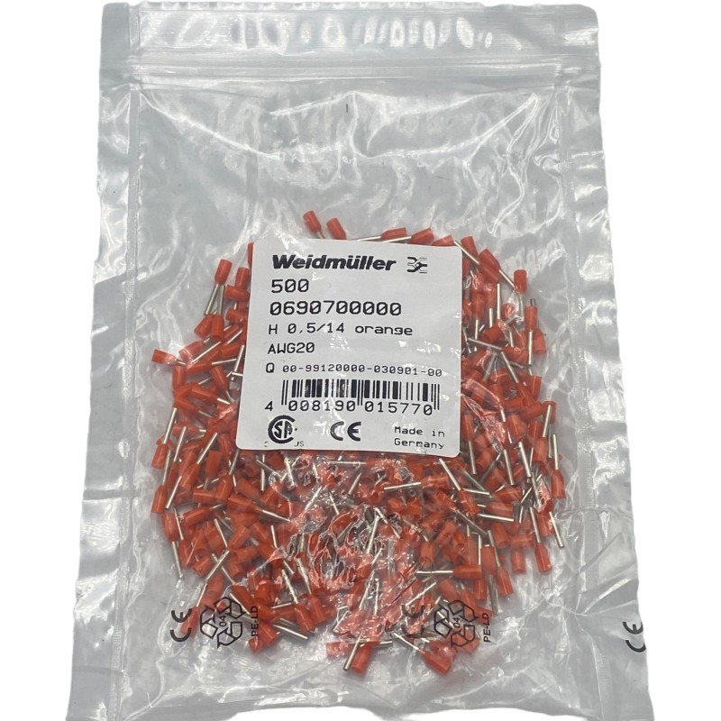 0690700000 Weidmuller Wire And Ferrule Terminal Orange H0.5/14 AWG20 Qty:500