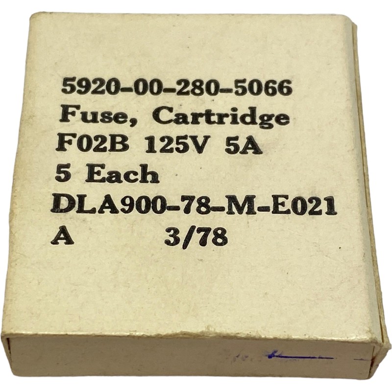 F02B Mil Spec Cartridge Fuse 125V/5A 5920-00-280-5066 Qty:5