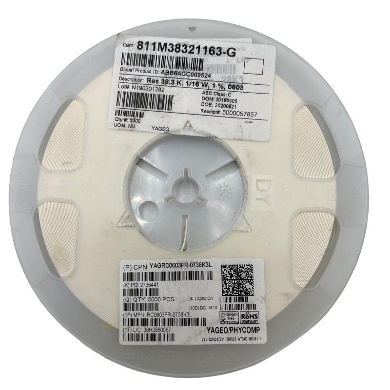 RC0603FR-0738K3L Yageo /Phycomp 38.3K 1/16W 1% 0603 QTY:3400