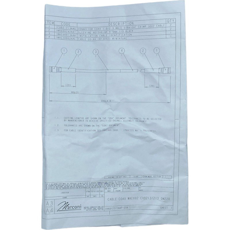 1HAU12377AAP Marconi DIN 1.0/2.3 Male to DIN 1.0/2.3 Male Staight Crimp 3002 Coaxial Cable 22cm