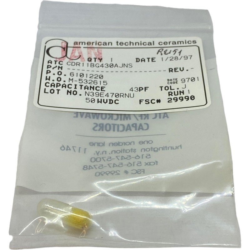 JAN CDR11BG430AJNS ATC SMD Ceramic Mil Spec Capacitor 43pF 50V