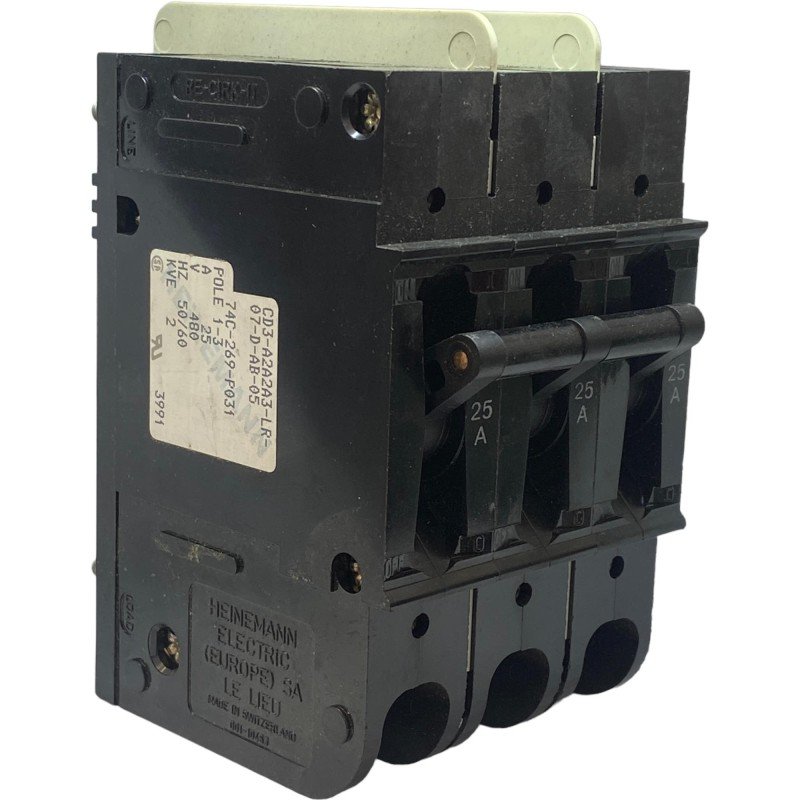 CD3-A2A2A3-LR-07-D-AB-05 Heinemann 3 Pole Circuit Breaker 25A/180V 50-60Hz 74C-269-P031