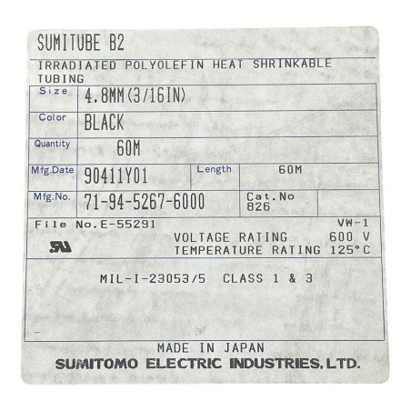 3/16'' 4.8mm 71-94-5267-6000 Sumitomo Irradiated Polyolefin Heat Shinkable Tubing MIL-I-23053/5 60m
