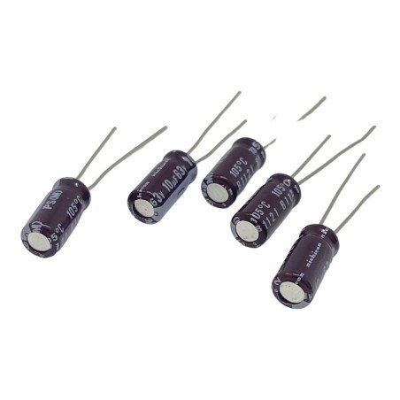 10uF 63V Radial Electrolytic Capacitor 105C PS(M) Nichicon 12x5mm Qty:5