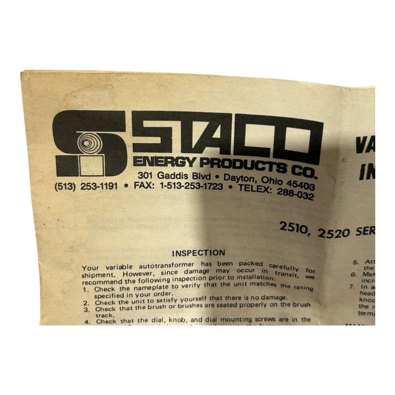 Type 2510 Staco Variable Transformer In 120V Out 120/140V 25A