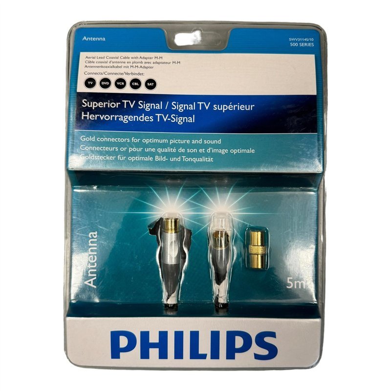 SWV3114S/10 Philips 500 Series Aerial Lead Coaxial Cable Black With Adapter M-M 5m