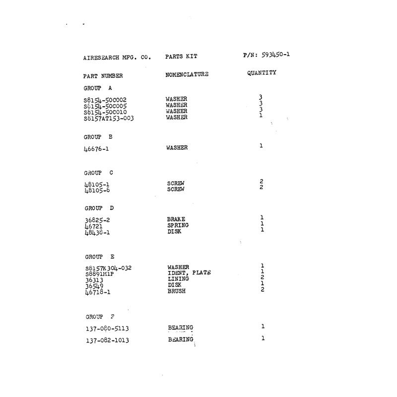 593450-1 Airesearch Parts Kit 6105-00-928-4794