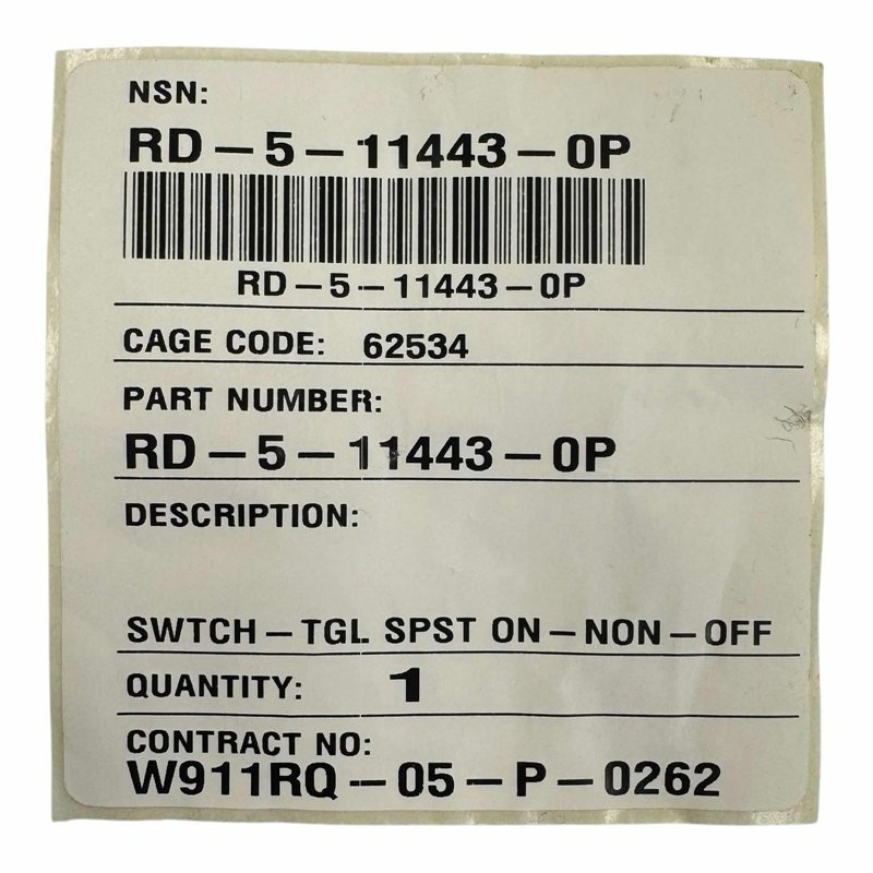 RD-5-11443-0P Carling Toggle Switch SPST ON-OFF 5945-01-522-9738