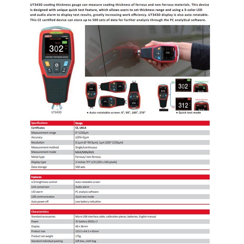 UT343D UNI-T Coating Thickness Meter Gauge Digital Quick Test Function