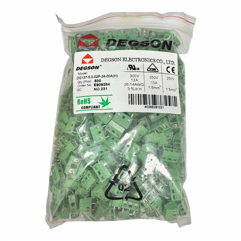 DG127-5.0-02P-24-00A(H) Degson 2 Position Terminal Block Connector 300V 12A 26-14AWG [Qtyx500]