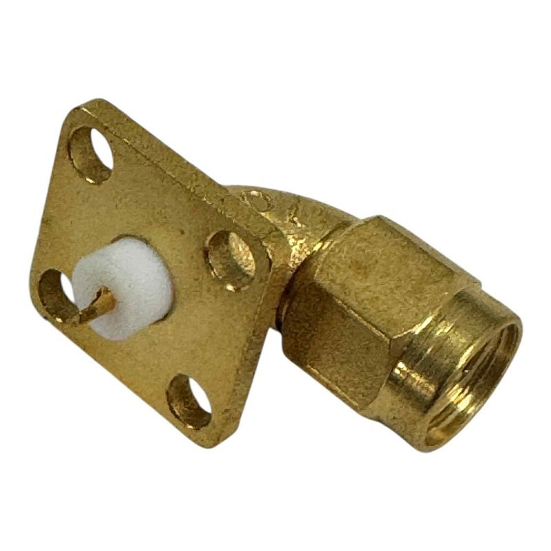 5432CC CDI RF Connector 4 Hole Flange Right Angle Swept Panel Mount SMA (m) Gold Plated