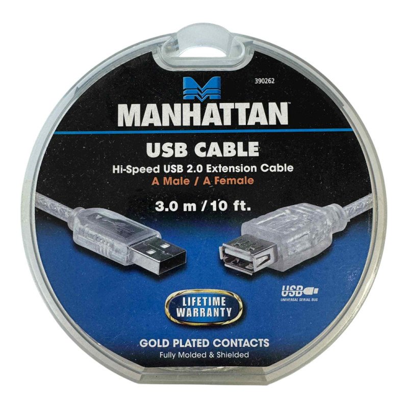 390262 Manhattan Computer Cable High Speed 2.0 USB A Male/A Female 3.0m/10ft.