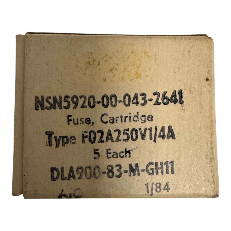 F02A250V1/4A Mil Spec Glass Fuse Cartridge 2A/250v 5920-00-043-2641 [Qtyx5]