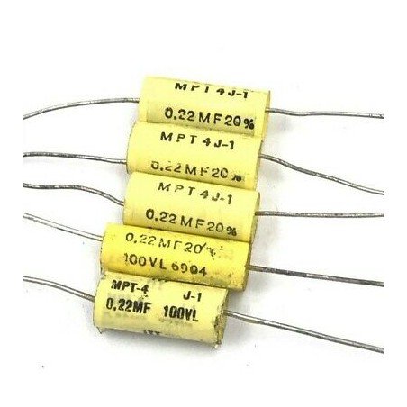 0.22UF 220NF 20% 100V AXIAL CAPACITOR MPT4 J-1 ITT QTY:5