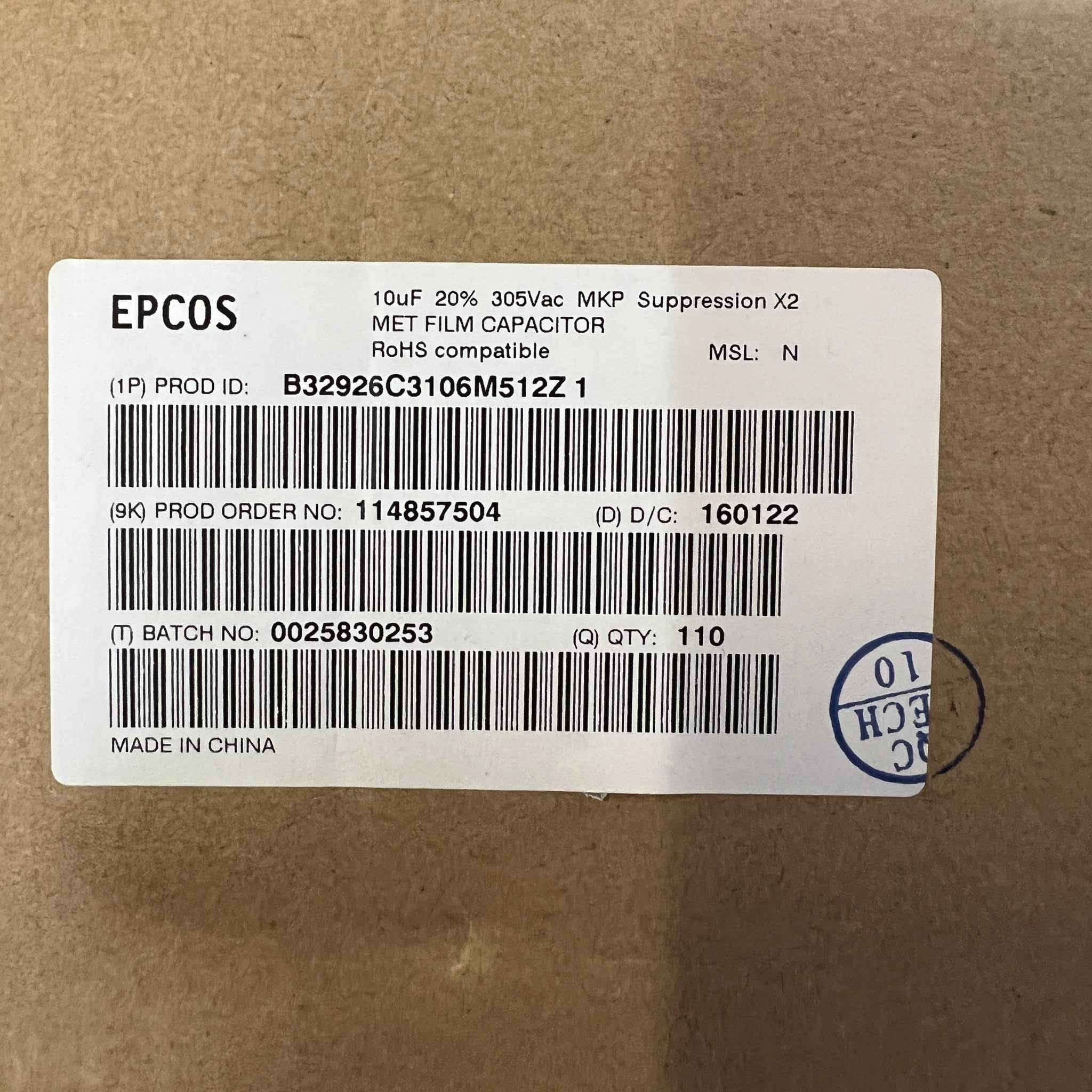 B32926X2MKP/SH EPCOS 10uf 10u 305Vac Metal Film Capacitor